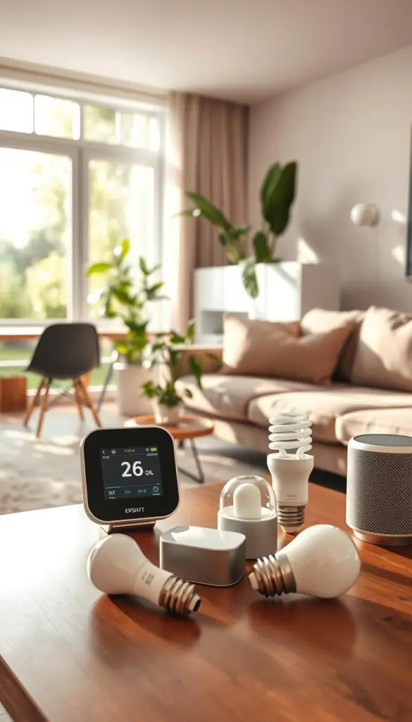 A serene modern living room bathed in soft, natural light. In the foreground, a collection of low-power gadgets, including a sleek smart thermostat, energy-efficient LED bulbs, and a compact smart speaker, are displayed on a stylish coffee table. In the middle ground, an eco-friendly sofa and a houseplant enhance the space's ambiance while reflecting a cozy yet high-tech atmosphere. In the background, large windows reveal a luminous garden, emphasizing a connection between indoors and nature. The overall mood is warm and inviting, showcasing how low-power technology seamlessly integrates into everyday life to create comfort and efficiency. Capture it with a professional lens at a slight angle to highlight the gadgets without clutter. The image embodies a blend of innovation and sustainability, aligning with the principles of GoodHomeFinds.