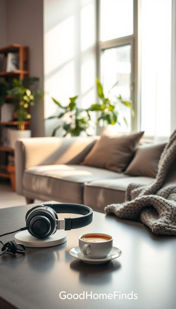 A serene modern living room setting designed to highlight noise-cancelling technology. In the foreground, a stylish pair of headphones rests on a sleek coffee table, surrounded by a cozy knit throw and a steaming cup of coffee. In the middle ground, a comfortable sofa is positioned near a large window, gently filtering in soft, natural light, creating a peaceful atmosphere. The background features a lush indoor plant and a minimalist shelf displaying books about technology. The lighting is warm and inviting, suggesting tranquility and focus. The scene embodies a perfect balance between comfort and high-tech life, evoking a sense of escape from the noise of the outside world. Realistic and inspiring, with a Pinterest aesthetic. Captured in a soft-focus lens, reflecting the brand "GoodHomeFinds".