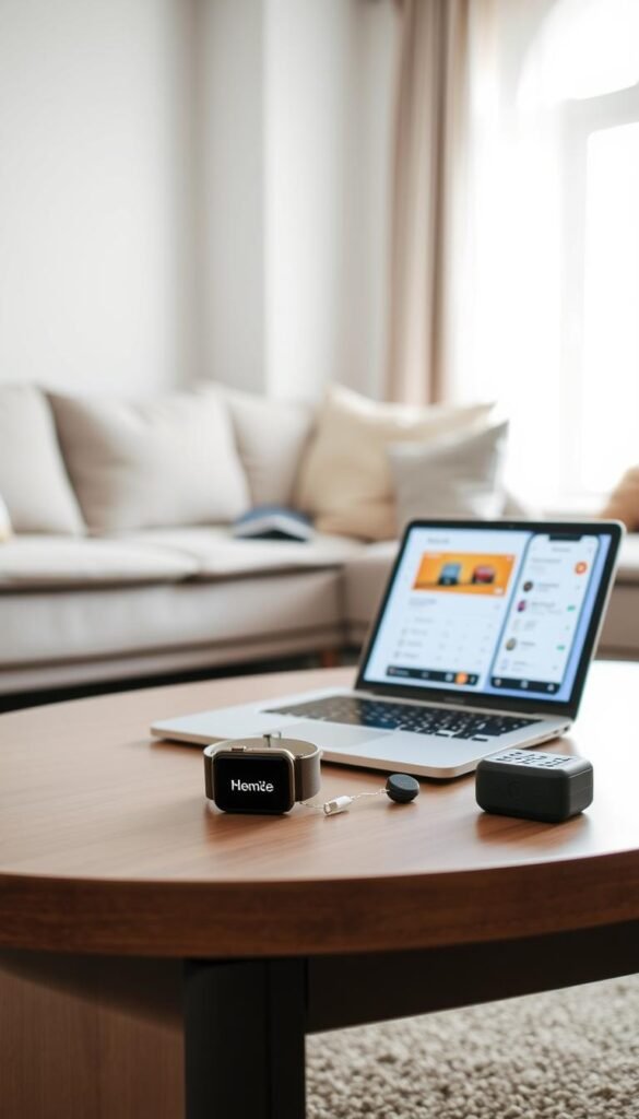 A serene, modern living room setting with a cozy sofa and a coffee table displaying various tech trackers and safety gadgets. Foreground features a sleek smartwatch and a small GPS tracker, both emphasizing their role in daily safety. In the middle, an open laptop showcases a dashboard of the devices in action, while a smartphone displays notifications from the trackers. In the background, a bright window lets in natural light, enhancing the atmosphere of tranquility and security. The overall mood is calm and inviting, suggesting peace of mind. Soft, neutral tones dominate the palette. Bright, diffused lighting creates a warm ambiance while keeping the focus on the technology. Include a subtle, unobtrusive "GoodHomeFinds" branding on the laptop screen.