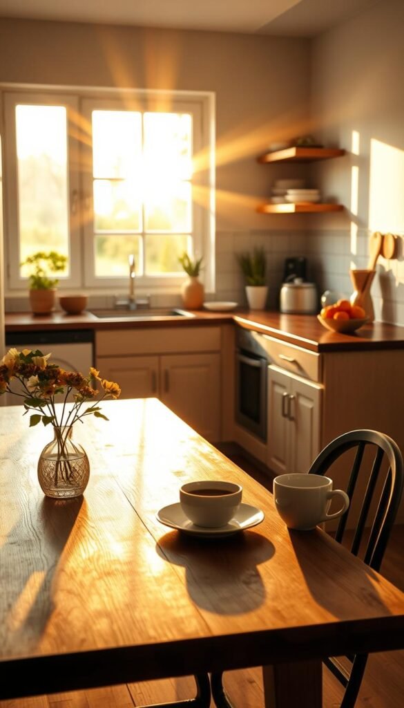 A serene morning scene depicting a cozy, clutter-free kitchen bathed in soft, golden sunlight streaming through a window. In the foreground, a stylish wooden dining table is set with simple, elegant tableware and a small vase of fresh flowers, inviting a sense of tranquility. The middle ground showcases an organized countertop with a bowl of ripe fruits and a steaming cup of coffee, symbolizing the start of a new day. In the background, gentle greenery can be seen outside the window, enhancing the feel of freshness. Use a warm color palette with a soft focus lens effect to evoke a peaceful and inspiring atmosphere. Capture the essence of early mornings that are calm, organized, and ready for productivity. GoodHomeFinds.