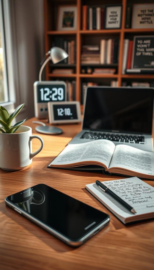 A serene morning scene depicting a cozy workspace that emphasizes "phone boundaries." In the foreground, a smartphone lies facedown on a stylish wooden desk adorned with a minimalistic plant, a steaming mug of coffee, and a journal open to a page with handwritten notes. In the middle ground, soft, natural light streams through a window, illuminating a digital clock showing an early morning time, while a laptop remains closed, symbolizing a break from work. The background features a softly blurred bookshelf filled with well-organized books and framed inspirational quotes. The atmosphere is calm and focused, inviting the viewer to reflect on healthy digital habits. The image is styled in a Pinterest-worthy aesthetic with a warm color palette, perfectly curated to resonate with the theme of mindful morning routines. GoodHomeFinds.