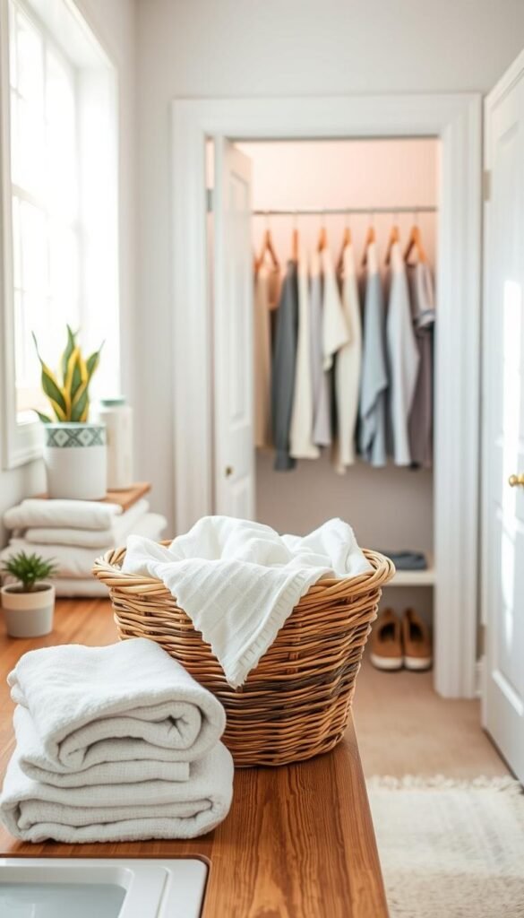 A serene morning scene in a cozy laundry room. In the foreground, a neatly organized basket filled with freshly laundered clothes sits atop a wooden countertop, alongside folded towels and a subtle touch of greenery in a small potted plant. The middle ground features a bright, open closet with neatly hung shirts and a pair of casual shoes, enhancing the sense of order. The background showcases soft, natural light streaming through a window, casting a warm glow on the space. The atmosphere is calm and inviting, promoting a sense of tranquility and organization. Capture this lifestyle moment in a realistic, Pinterest-style aesthetic without any text overlays, showcasing the essence of a "GoodHomeFinds" home. A serene morning scene in a cozy laundry room. In the foreground, a neatly organized basket filled with freshly laundered clothes sits atop a wooden countertop, alongside folded towels and a subtle touch of greenery in a small potted plant. The middle ground features a bright, open closet with neatly hung shirts and a pair of casual shoes, enhancing the sense of order. The background showcases soft, natural light streaming through a window, casting a warm glow on the space. The atmosphere is calm and inviting, promoting a sense of tranquility and organization. Capture this lifestyle moment in a realistic, Pinterest-style aesthetic without any text overlays, showcasing the essence of a "GoodHomeFinds" home.