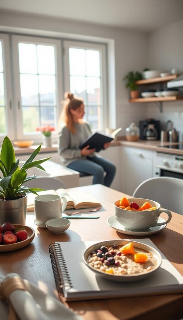 A serene morning scene showcasing a bright and airy kitchen with large windows letting in soft, natural sunlight. In the foreground, a cozy dining table is set with a fresh breakfast of colorful fruits, oatmeal, and a steaming cup of herbal tea. A stylish planner lies open next to a vibrant potted plant. In the middle ground, a person in modest casual clothing engages in a calming activity, such as reading or journaling, radiating tranquility and focus. The background reveals a well-organized kitchen with minimalistic decor, emphasizing cleanliness and calm. The atmosphere is uplifting, promoting a sense of renewal and positivity. Shot with a soft-focus lens to enhance warmth and intimacy. GoodHomeFinds.