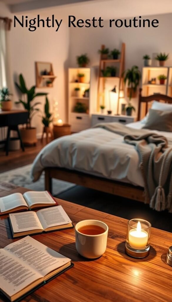 A serene nighttime scene showcasing a "nightly reset routine" in a cozy, well-organized home. In the foreground, a stylish wooden table is adorned with a calming herbal tea, a journal, and a soft-lit candle, inviting relaxation. The middle ground features an elegantly made bed with fluffy pillows and a neatly folded throw, representing comfort and order. In the background, a softly illuminated, minimalistic living room is visible, with house plants and organized shelves, creating a tidy atmosphere. Warm, ambient lighting casts gentle shadows, enhancing the inviting mood. The scene embodies tranquility and a sense of accomplishment after a productive day. Capture this in a Pinterest-style lifestyle photo, with a realistic, professional aesthetic. GoodHomeFinds.