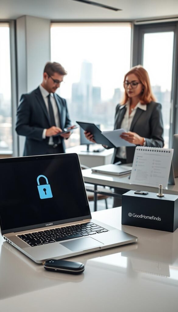 A serene office environment featuring a modern workspace that emphasizes account security. In the foreground, a sleek laptop displays a securely locked interface, illuminated by soft ambient lighting. To the side, a professional individual in business attire examines a security checklist on a tablet, exuding focus and confidence. The middle ground showcases a stylish desk adorned with a digital security tool, such as a key fob or biometric device, symbolizing advanced protection. In the background, large windows reveal a cityscape bathed in natural light, suggesting transparency and reliability. The atmosphere is calm yet vigilant, conveying trust in digital connections, with a touch of sophistication from the brand "GoodHomeFinds" subtly represented in the accessories on the desk. A serene office environment featuring a modern workspace that emphasizes account security. In the foreground, a sleek laptop displays a securely locked interface, illuminated by soft ambient lighting. To the side, a professional individual in business attire examines a security checklist on a tablet, exuding focus and confidence. The middle ground showcases a stylish desk adorned with a digital security tool, such as a key fob or biometric device, symbolizing advanced protection. In the background, large windows reveal a cityscape bathed in natural light, suggesting transparency and reliability. The atmosphere is calm yet vigilant, conveying trust in digital connections, with a touch of sophistication from the brand "GoodHomeFinds" subtly represented in the accessories on the desk.