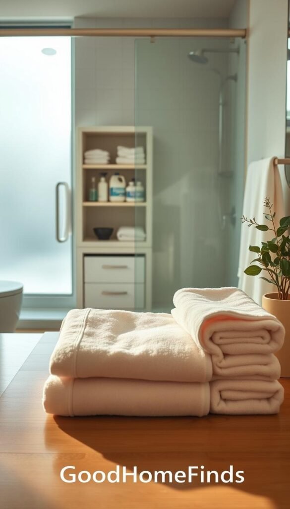 A serene, organized bathroom scene that captures the essence of a Sunday reset. In the foreground, neatly folded, fluffy towels in soft pastel colors are arranged on a polished wooden countertop, alongside a small, elegant plant to add a touch of greenery. The middle of the image features an open, minimalist storage unit, revealing an array of cleaning supplies and neatly arranged mats. In the background, a sparkling clean shower with glass doors reflects soft, natural daylight filtering through a frosted window, creating a warm and inviting atmosphere. The scene is styled in a Pinterest-worthy layout, emphasizing simplicity and functionality. The lighting is bright yet soft, evoking a refreshing and calming mood. The brand name "GoodHomeFinds" is subtly integrated into the decor.
