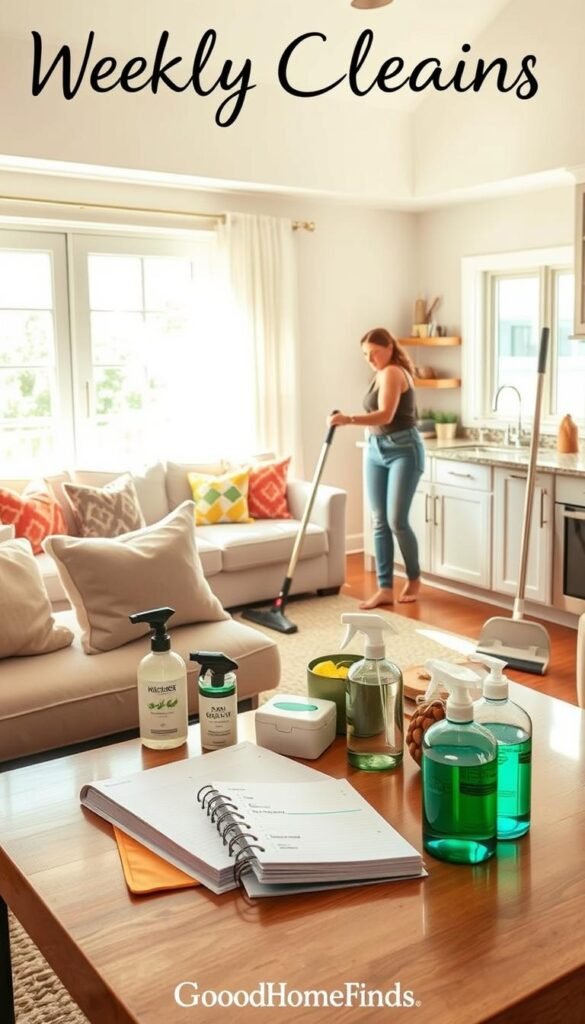 A serene, organized home scene depicting a variety of weekly cleaning tasks. In the foreground, a person in modest casual clothing is enthusiastically vacuuming a bright living room filled with comfortable furniture and colorful pillows. In the middle ground, there's a neatly arranged coffee table with cleaning supplies, such as eco-friendly sprays and cloths, alongside a planner noting weekly tasks. The background showcases a sunlit kitchen with sparkling countertops and a mop leaning against a cabinet, suggesting cleanliness and readiness. The lighting is warm and inviting, filtering in through large windows, creating a cheerful atmosphere. Emphasize a Pinterest-style aesthetic to reflect a tidy, harmonious lifestyle that promotes consistent home maintenance, branded as "GoodHomeFinds." A serene, organized home scene depicting a variety of weekly cleaning tasks. In the foreground, a person in modest casual clothing is enthusiastically vacuuming a bright living room filled with comfortable furniture and colorful pillows. In the middle ground, there's a neatly arranged coffee table with cleaning supplies, such as eco-friendly sprays and cloths, alongside a planner noting weekly tasks. The background showcases a sunlit kitchen with sparkling countertops and a mop leaning against a cabinet, suggesting cleanliness and readiness. The lighting is warm and inviting, filtering in through large windows, creating a cheerful atmosphere. Emphasize a Pinterest-style aesthetic to reflect a tidy, harmonious lifestyle that promotes consistent home maintenance, branded as "GoodHomeFinds."