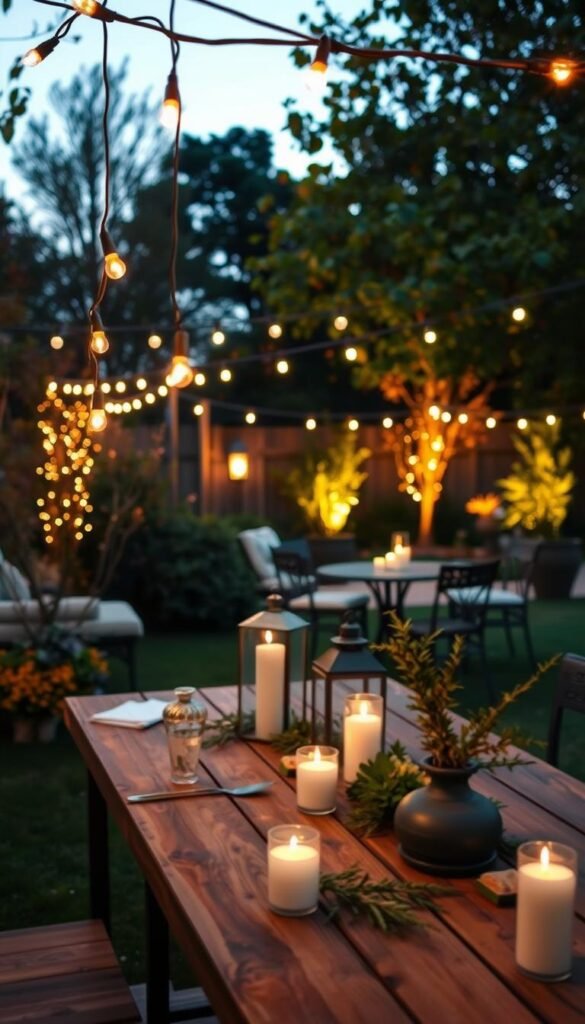 A serene outdoor evening scene showcasing beautifully arranged outdoor lighting setups tailored for seasonal festivities. In the foreground, elegant string lights gently drape over a rustic wooden dining table, adorned with soft white candles and delicate greenery. The middle ground features stylish lanterns casting a warm, inviting glow, while a charming patio set creates an intimate dining atmosphere. In the background, a lush garden is softly illuminated, with hints of autumn foliage creating a cozy, festive vibe. The atmosphere is tranquil and blissful, perfect for gatherings. The image is captured using a soft-focus lens, with a warm color palette, emphasizing the glow of the lights. Ideal for illustrating outdoor lighting concepts from GoodHomeFinds.