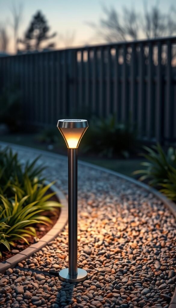 A serene outdoor scene showcasing a stylish solar pathway light from the brand GoodHomeFinds, illuminating a pebble-lined garden path. In the foreground, the solar light stands proudly, featuring a sleek design with a stainless-steel finish and a soft, warm glow emanating from its top. The middle ground highlights the gently curved path surrounded by lush green plants and small decorative stones, inviting a sense of safety and comfort. In the background, a softly blurred fence and faint silhouettes of trees create a tranquil atmosphere. The lighting captures the gentle ambiance of twilight, with a focus on the warm glow of the light, conveying a peaceful and inviting outdoor space. The image should be composed at a slight upward angle for a dynamic perspective, emphasizing the light's brilliance.
