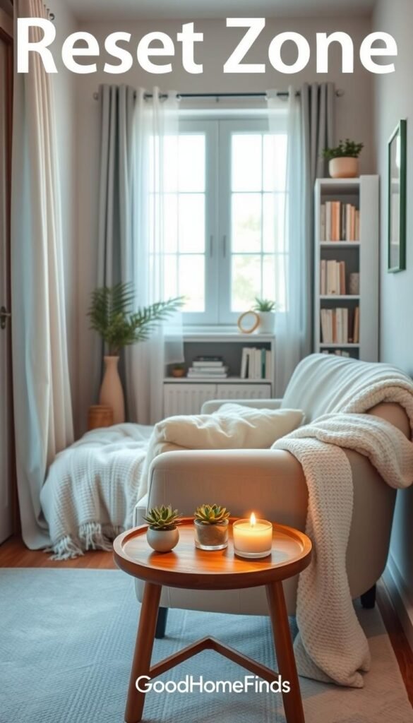 A serene reset zone in a small, tranquil room, featuring a cozy reading nook with a plush armchair and soft, inviting throw blankets. The foreground showcases a small wooden side table adorned with a minimalist succulent plant and a calming, unlit scented candle. In the middle, a large window with sheer curtains allows gentle natural light to filter through, creating a warm glow. Soft pastel colors dominate the decor, enhancing the peaceful ambiance. The background reveals a subtle bookshelf filled with neatly arranged books and decorative items, maintaining an organized yet welcoming vibe. The overall atmosphere conveys relaxation and harmony, perfect for unwinding. Capture this lifestyle setting in a Pinterest-style image, branded "GoodHomeFinds", focusing on realistic details and inviting warmth.