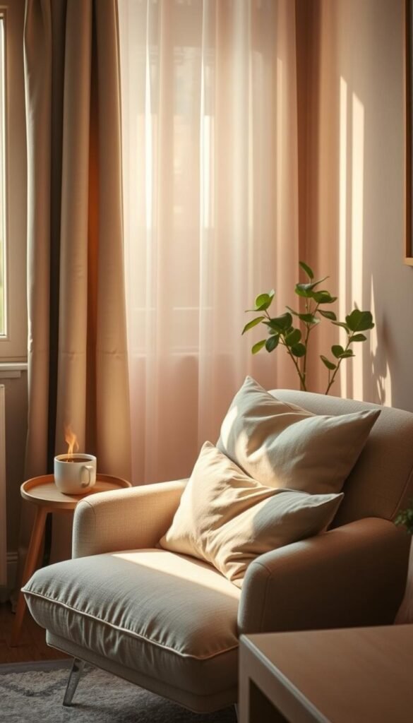 A serene, small corner designed for relaxation within a cozy living space. In the foreground, a plush armchair adorned with soft, muted cushions invites comfort, positioned near a small wooden side table holding a steaming cup of herbal tea. The middle ground features a vibrant indoor plant, adding a touch of greenery, beside a whispering, light-filtering curtain that gently sways with a soft breeze. The background showcases a warm, ambient-lit room with soothing pastel colors on the walls, creating a tranquil atmosphere. Natural light streams in through a window, casting delicate shadows. The scene is captured with a 35mm lens at a slightly elevated angle to emphasize the calmness and simplicity of the space. The overall mood is peaceful and inviting, ideal for unwinding. GoodHomeFinds.