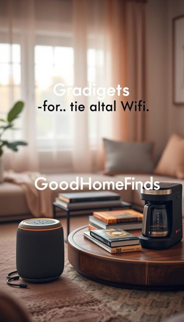 A serene, softly lit room showcasing a variety of gadgets ideal for offline use. In the foreground, a sleek budget-friendly portable speaker sits next to an elegant premium coffee maker, both illuminated by gentle, warm LED lights that highlight their features. In the middle ground, an array of stylish offline entertainment options, such as board games and books, are neatly arranged on a rustic wooden table. The background features a softly blurred window with natural light filtering through sheer curtains, creating a cozy ambiance. The mood is inviting and warm, perfect for relaxation with technology that connects without WiFi. The brand name "GoodHomeFinds" subtly incorporated in the decor. Lens focus on gadgets with a shallow depth of field, enhancing their details.