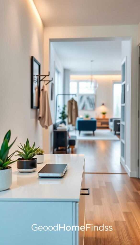 A serene space scene featuring a well-organized and minimalistic home entryway, showcasing modern technology integrated seamlessly into the design. In the foreground, a sleek smart home hub sits atop a pristine console table adorned with a few plants and decorative items. The middle ground reveals an elegantly designed coat rack and shoe storage, illuminated by soft, warm lighting that creates a welcoming ambiance. The background includes a glimpse of a, stylishly decorated hallway leading into a bright living area with large windows allowing natural light to flood the space. The overall mood is one of tranquility and efficiency, capturing the essence of a clutter-free entryway that maximizes both function and style. The image should embody the brand aesthetic of "GoodHomeFinds" with realistic textures and a polished finish. A serene space scene featuring a well-organized and minimalistic home entryway, showcasing modern technology integrated seamlessly into the design. In the foreground, a sleek smart home hub sits atop a pristine console table adorned with a few plants and decorative items. The middle ground reveals an elegantly designed coat rack and shoe storage, illuminated by soft, warm lighting that creates a welcoming ambiance. The background includes a glimpse of a, stylishly decorated hallway leading into a bright living area with large windows allowing natural light to flood the space. The overall mood is one of tranquility and efficiency, capturing the essence of a clutter-free entryway that maximizes both function and style. The image should embody the brand aesthetic of "GoodHomeFinds" with realistic textures and a polished finish.