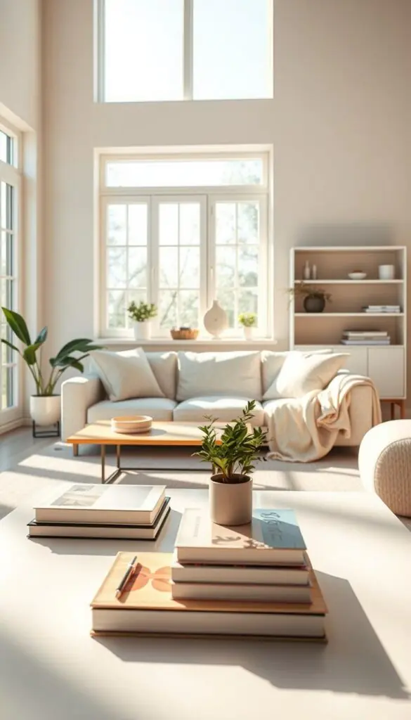 A serene, sunlit living room showcasing the mental health benefits of a clean, organized home. In the foreground, a well-styled coffee table holds neatly arranged books and a small indoor plant, enhancing tranquility. The middle ground features a cozy sofa with soft cushions and a light throw, inviting relaxation. In the background, large windows flood the space with natural light, illuminating minimalistic decor and neatly organized shelves. Soft pastels dominate the color palette, creating a calm, harmonious atmosphere. The lighting is warm, emphasizing gentle shadows for depth. Capture this moment from a slightly elevated angle, evoking a sense of openness. The image reflects the essence of mindfulness and well-being, perfect for a lifestyle article by GoodHomeFinds.