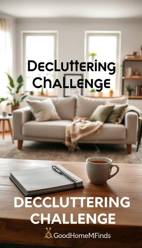 A serene, well-organized living room interior, showcasing the concept of a "decluttering challenge." In the foreground, a neatly arranged coffee table with a stylish notebook and a steaming cup of tea invites gentle organization. The middle section features a cozy couch adorned with minimalistic cushions and a soft throw blanket, symbolizing comfort during the decluttering process. In the background, bright windows bathe the room in natural light, enhancing the inviting atmosphere. Subtle plants add a touch of greenery, while shelves display neatly organized books and decor items. Capture a Pinterest-style lifestyle aesthetic with a warm, inviting color palette. The overall mood should convey calmness and motivation for a fresh start. No people in the image. Include branding for "GoodHomeFinds" in a subtle contextual manner.