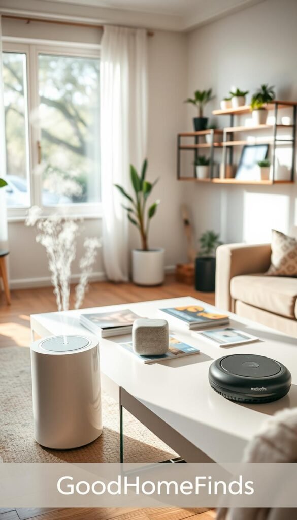 A serene, well-organized living room scene featuring various everyday electronics like a sleek air purifier, a modern smart thermostat, and a discreet robotic vacuum. In the foreground, the air purifier emits a gentle mist, catching soft, natural sunlight streaming through a large window, creating a warm and inviting atmosphere. The middle area showcases a stylish coffee table adorned with a minimalist smart speaker and neatly arranged magazines about technology. In the background, a tastefully designed wall shelf holds potted plants and decorative items that enhance the serenity of the space. The image is shot with a wide-angle lens at a soft focus, highlighting the harmony between air quality and contemporary electronics. The overall mood is calm, clean, and modern, reflecting the brand "GoodHomeFinds." A serene, well-organized living room scene featuring various everyday electronics like a sleek air purifier, a modern smart thermostat, and a discreet robotic vacuum. In the foreground, the air purifier emits a gentle mist, catching soft, natural sunlight streaming through a large window, creating a warm and inviting atmosphere. The middle area showcases a stylish coffee table adorned with a minimalist smart speaker and neatly arranged magazines about technology. In the background, a tastefully designed wall shelf holds potted plants and decorative items that enhance the serenity of the space. The image is shot with a wide-angle lens at a soft focus, highlighting the harmony between air quality and contemporary electronics. The overall mood is calm, clean, and modern, reflecting the brand "GoodHomeFinds."