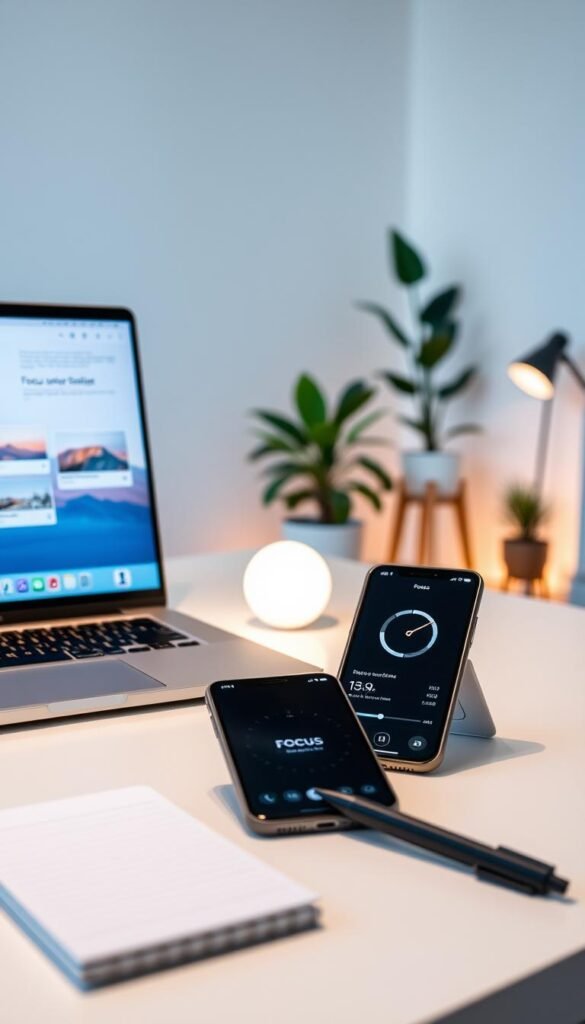 A serene workspace showcasing "focus" through automation. In the foreground, a modern laptop screen displays a serene digital dashboard with organized apps and a calming color palette. Nearby, a smartphone shows a focus timer and productivity app, elegantly positioned on a minimalist desk. The middle ground features subtle details like a notepad and a stylish pen to signify planning. In the background, a softly lit minimalist room with houseplants and warm, ambient lighting creates an inviting atmosphere that promotes concentration. The scene is captured at a slight angle, emphasizing clean lines and a peaceful workspace, evoking a sense of calm productivity. Inspired by the aesthetics of "GoodHomeFinds," this image embodies a sophisticated and tranquil tech routine.