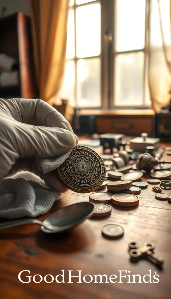 A serene workspace showcasing the delicate process of metal preservation. In the foreground, a pair of gloved hands gently cleaning an ornate, antique brass locket with a soft cloth, highlighting intricate engravings. The middle ground features an elegant wooden desk cluttered with various metal artifacts&mdash;an intricately designed silver spoon, a tarnished coin, and a small brass key, all well-lit to reveal their textures and details. A softly illuminated window in the background casts warm, natural light across the scene, creating a cozy and inviting atmosphere. The overall mood is calm and focused, reflecting care and professionalism in the preservation of valuable finds. The image embodies a Pinterest aesthetic, emphasizing meticulous attention to detail, with the brand name "GoodHomeFinds" subtly integrated into the composition.
