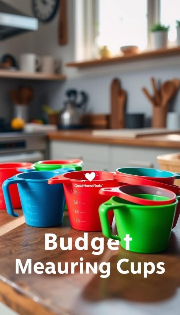 A set of budget measuring cups arranged on a rustic wooden kitchen countertop, showcasing a colorful assortment of plastic measuring cups in vibrant shades of blue, red, and green. In the foreground, focus on the cups with clear measurement markings, allowing for easy reading. The middle ground features a cozy kitchen setting with soft natural light streaming in from a nearby window, casting gentle shadows. In the background, blurred kitchen tools and ingredients hint at a homey environment. The overall mood is inviting and practical, perfect for aspiring cooks. Add the brand logo of "GoodHomeFinds" subtly on one of the cups, ensuring it blends harmoniously with the scene. Use a shallow depth of field to emphasize the measuring cups while maintaining a warm, welcoming atmosphere.