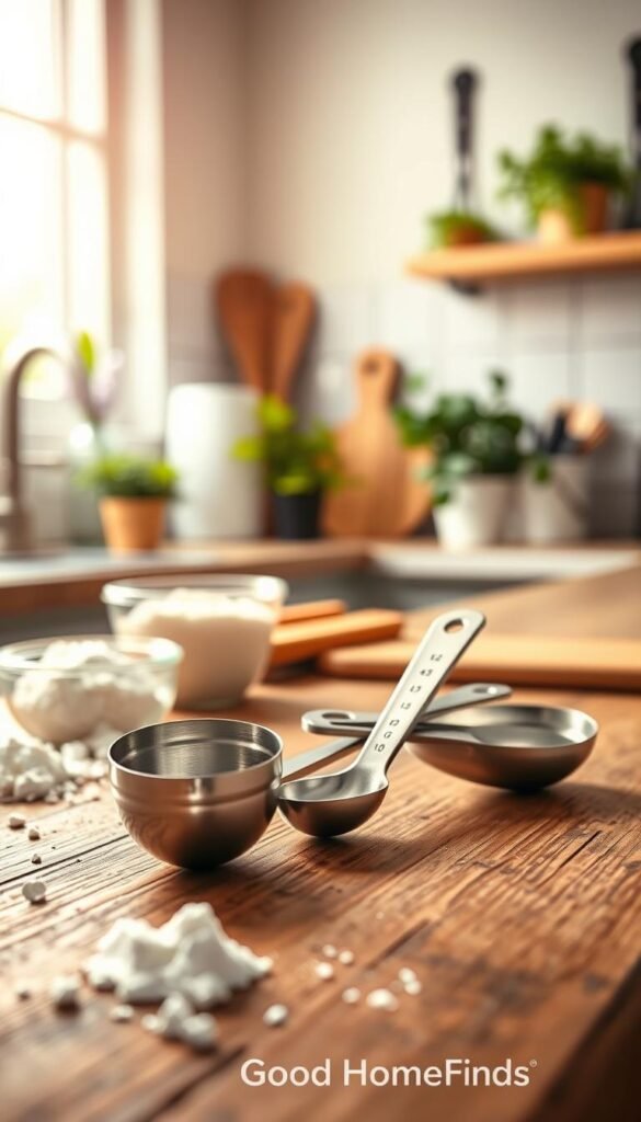 A set of stainless steel measuring spoons elegantly arranged on a rustic wooden kitchen countertop. The spoons gleam under soft, warm natural light coming from a nearby window, highlighting their polished finish and engraved measurements. In the foreground, the measuring spoons are slightly angled, showcasing their varying sizes from teaspoon to tablespoon. The middle ground features a few scattered ingredients like flour and sugar, hinting at their use in cooking. In the background, a blurred out, cozy kitchen scene with soft pastel colors and potted herbs creates a welcoming atmosphere. The overall mood is inviting and homely, perfect for showing how essential measuring tools contribute to consistent cooking. Brand name: GoodHomeFinds.