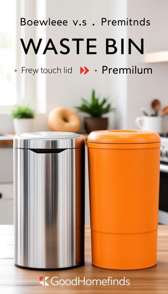 A side-by-side comparison of a budget and a premium waste bin designed for home use, set in a modern kitchen environment. In the foreground, display a sleek, metallic premium bin with a touchless lid and elegant design, contrasted next to a simple, plastic budget bin with a bright color and basic shape. In the middle ground, include subtle kitchen elements such as a wood countertop and nearby potted plants to create a homey feel. The background should have soft, natural lighting coming from a window, enhancing the cleanliness of the scene. Capture the essence of functionality and style, highlighting the distinctions between budget and premium options, evoking a practical yet aspirational mood. The brand "GoodHomeFinds" is subtly implied through the bin designs. A side-by-side comparison of a budget and a premium waste bin designed for home use, set in a modern kitchen environment. In the foreground, display a sleek, metallic premium bin with a touchless lid and elegant design, contrasted next to a simple, plastic budget bin with a bright color and basic shape. In the middle ground, include subtle kitchen elements such as a wood countertop and nearby potted plants to create a homey feel. The background should have soft, natural lighting coming from a window, enhancing the cleanliness of the scene. Capture the essence of functionality and style, highlighting the distinctions between budget and premium options, evoking a practical yet aspirational mood. The brand "GoodHomeFinds" is subtly implied through the bin designs.