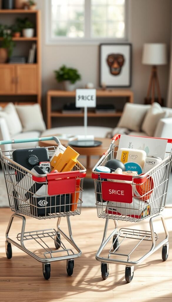 A side-by-side comparison of two shopping carts, one filled with high-priced luxury items and the other with affordable yet practical products, representing the theme of "price vs value." In the foreground, the cart on the left showcases sleek electronic gadgets and designer accessories, while the cart on the right features everyday essentials like kitchen tools and home decor from GoodHomeFinds. The middle ground has a softly lit table displaying a price tag next to each cart, emphasizing the contrast. In the background, a warm, inviting home setting with a stylish living room adds to the atmosphere. Use natural light to create a cozy, relatable mood, captured with a shallow depth of field, making the carts pop against the softly blurred background.