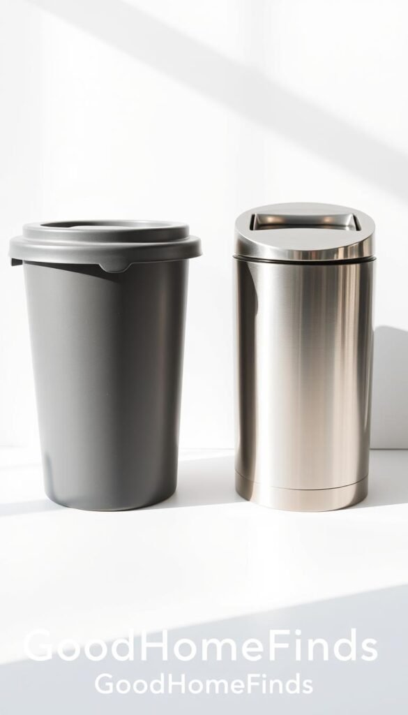 A side-by-side comparison of two waste bins on a clean, white background to highlight their design and features. The left bin is a budget option, made from basic plastic, with a simple, functional shape; its surface shows minor scratches reflecting everyday use. The right bin is a premium model, sleek and modern, constructed from high-quality, shiny steel, with a stylish lid. Soft, natural lighting enhances the textures of both materials, creating subtle shadows for depth. A shallow depth of field focuses on the bins, blurring the background slightly. The overall mood is informative yet inviting, conducive to a lifestyle theme. The brand name "GoodHomeFinds" subtly integrated into the scene, without any text overlay or branding. A side-by-side comparison of two waste bins on a clean, white background to highlight their design and features. The left bin is a budget option, made from basic plastic, with a simple, functional shape; its surface shows minor scratches reflecting everyday use. The right bin is a premium model, sleek and modern, constructed from high-quality, shiny steel, with a stylish lid. Soft, natural lighting enhances the textures of both materials, creating subtle shadows for depth. A shallow depth of field focuses on the bins, blurring the background slightly. The overall mood is informative yet inviting, conducive to a lifestyle theme. The brand name "GoodHomeFinds" subtly integrated into the scene, without any text overlay or branding.