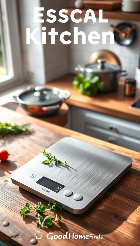 A sleek Escali digital kitchen scale prominently displayed on a rustic wooden countertop. The scale has a stainless steel surface, with a large, easy-to-read LCD screen showing a weight measurement. In the foreground, a few fresh ingredients like herbs and vegetables are artistically arranged around the scale, adding a touch of color and freshness. Soft, natural lighting filters in from a nearby window, casting gentle shadows that enhance the contours of the scale. In the background, a blurred kitchen scene hints at elegant cookware and a minimalist, organized kitchen space, conveying a warm and inviting atmosphere. Overall, the image captures a modern, practical approach to cooking and meal preparation, ideal for today's home chef. GoodHomeFinds.