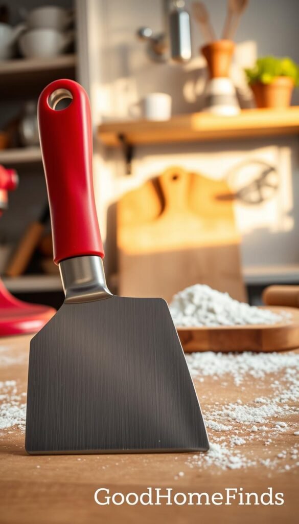 A sleek KitchenAid bench scraper showcased prominently in the foreground, its stainless steel blade gleaming under warm, natural light. The handle is a comfortable red silicone grip, contrasting beautifully against the metal. In the middle ground, a rustic wooden cutting board is partially visible, with a sprinkle of flour dusted across it, suggesting recent baking activity. A soft-focus background features a cozy kitchen ambiance, with shelves adorned with streamlined kitchen tools and a hint of potted herbs. The image has a warm, inviting atmosphere, evoking a sense of culinary creativity and home cooking. Captured at a slightly angled, close-up perspective, this Pinterest-style lifestyle photo embodies modern kitchen charm. The brand name "GoodHomeFinds" subtly integrates within the visual texture, ensuring a seamless look without text or watermarks.