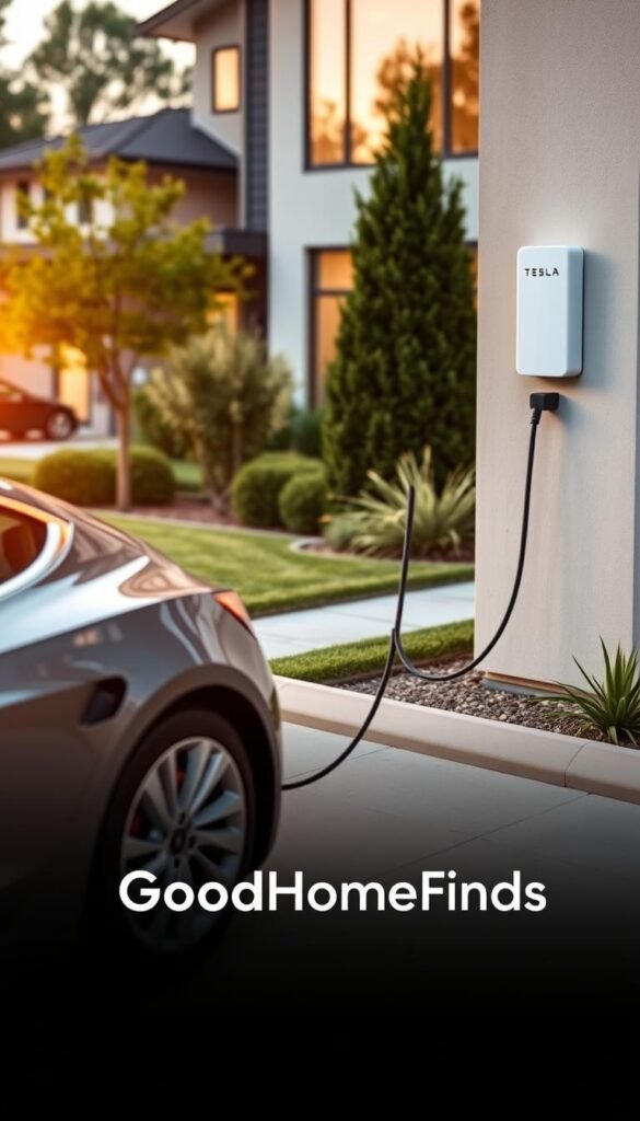 A sleek Tesla Model 3 parked in a modern driveway, connected to a Tesla Universal Wall Connector on the side of a stylish home. The foreground features the Tesla's elegant curves and the charging cable visibly linking the car to the wall unit. In the middle ground, lush greenery and well-manicured landscaping create a serene environment. The background shows the softly lit exterior of the contemporary home, with large windows reflecting the warm glow of the early evening sun. The scene is infused with a warm, inviting atmosphere, highlighting the seamless integration of electric vehicle charging into daily life. Lens perspective emphasizes the car and charger, conveying a sense of technological luxury. GoodHomeFinds branding subtly incorporated into the aesthetic setup of the charging station.