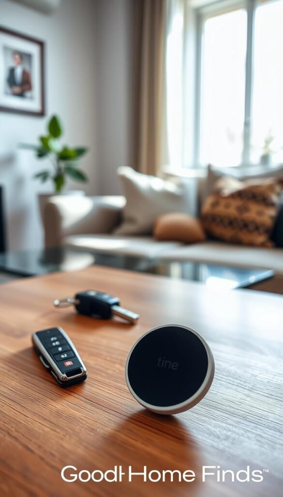A sleek Tile Mate Bluetooth Tracker prominently displayed on a wooden table in a cozy, well-lit living room. The tracker, in its stylish black and white design, is positioned in the foreground, showcasing its compact, rounded shape and glossy finish. In the middle ground, a slightly blurred car key and a set of house keys lie nearby, highlighting the connection between home and vehicle. The background features a softly illuminated living space with a potted plant and a stylish couch, suggesting a sense of organization and simplicity. The mood is warm and inviting, with subtle natural light streaming in through a window, creating comforting shadows. Ideal for a Pinterest-style lifestyle photo with no text. GoodHomeFinds branding subtly represented in the scene.