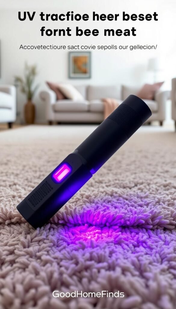 A sleek UV flashlight designed for detecting pet messes on rugs, prominently displayed in the foreground, showcasing its modern, ergonomic design and purple LED light. The middle ground features a plush, light-colored area rug with subtle pet stains illuminated under the UV glow, revealing hidden messes. In the background, a clean, cozy living room setting is visible, with soft lighting and earthy tones, enhancing the homey atmosphere. The scene captures a practical yet stylish ambiance, illustrating the effectiveness of the flashlight for home cleaning. The composition is thoughtfully lit to highlight the contrast between the UV light and the rug's fibers, set at a slightly overhead angle. This lifestyle photo embodies the brand "GoodHomeFinds," emphasizing innovative cleaning solutions for pet owners.