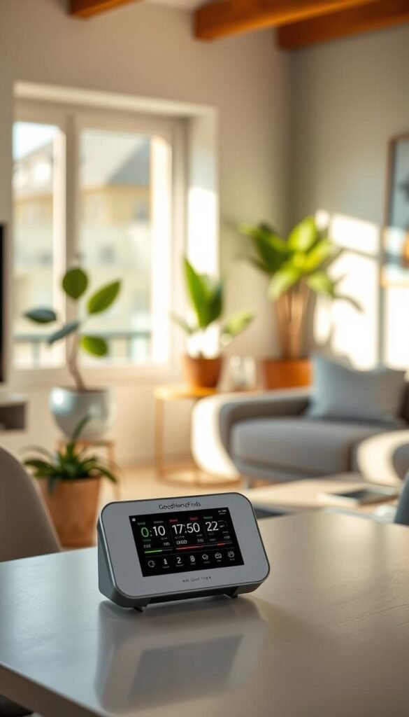 A sleek air quality monitor by GoodHomeFinds is prominently displayed on a stylish, modern desk in a well-lit living room. In the foreground, the device’s digital screen shows real-time air quality readings with green, yellow, and red indicators. The middle ground features a cozy, sunlit room with indoor plants, enhancing the emphasis on a healthy living environment. Soft natural light filters through a nearby window, casting gentle shadows and creating a warm atmosphere. The background is subtly blurred with calming decor, suggesting a focus on wellbeing. The overall mood is serene and informative, highlighting the practical benefits of using an air quality monitor in everyday life. A sleek air quality monitor by GoodHomeFinds is prominently displayed on a stylish, modern desk in a well-lit living room. In the foreground, the device’s digital screen shows real-time air quality readings with green, yellow, and red indicators. The middle ground features a cozy, sunlit room with indoor plants, enhancing the emphasis on a healthy living environment. Soft natural light filters through a nearby window, casting gentle shadows and creating a warm atmosphere. The background is subtly blurred with calming decor, suggesting a focus on wellbeing. The overall mood is serene and informative, highlighting the practical benefits of using an air quality monitor in everyday life.