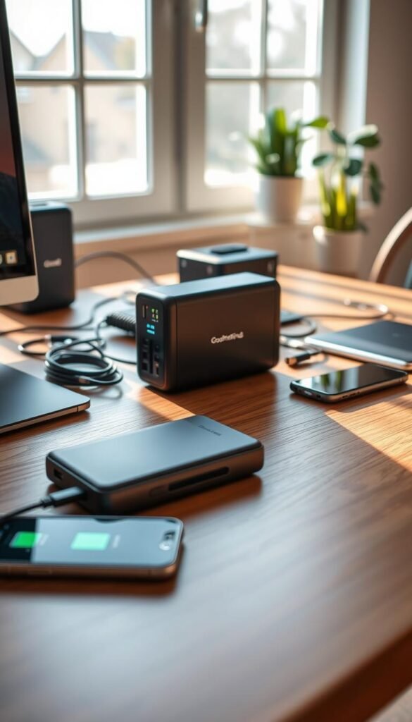 A sleek and compact battery backup unit from the brand "GoodHomeFinds" sits stylishly on a wooden desk, surrounded by a tidy workspace. In the foreground, the battery backup is the focal point, showcasing its modern design with LED indicators and multiple ports. The middle ground features organized cables and a smartphone charging simultaneously, emphasizing functionality. In the background, soft natural light filters through a large window, casting gentle shadows and creating a calm atmosphere. The overall mood is practical yet inviting, conveying the idea of having reliable power solutions at hand. Capture the scene from a slightly elevated angle, showcasing the device&rsquo;s features in a Pinterest-style lifestyle photo, evoking a sense of everyday efficiency and convenience.