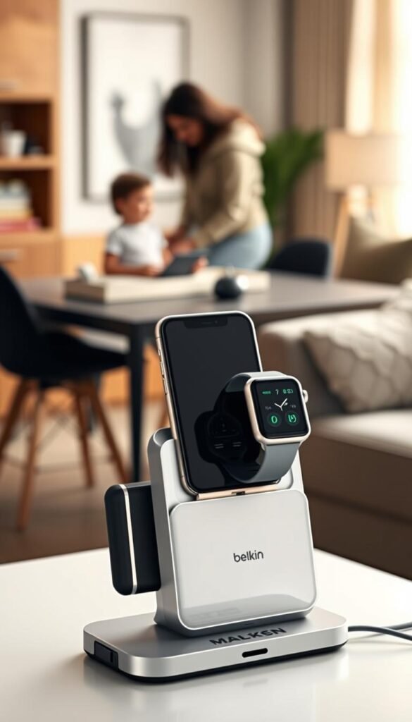 A sleek and modern Belkin BoostCharge Pro 3-in-1 charging station prominently displayed in the foreground, elegantly holding an iPhone and an Apple Watch, showcasing their seamless integration. The middle ground features a stylish workspace with natural wood accents and plush decor, exuding a clean, minimalist aesthetic. Soft, diffused lighting creates a warm and inviting atmosphere, with highlights reflecting off the glossy surfaces of the devices. In the background, there are subtle hints of family interaction, like a blurred silhouette of a parent assisting a child, to imply a familial environment. The composition is framed from a slightly elevated angle, emphasizing the charging station's functionality without overwhelming the viewer. The scene embodies modern sophistication and tech-savvy family life, perfect for illustrating the role of Apple products in daily routines. GoodHomeFinds.