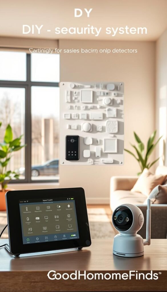 A sleek and modern DIY security system setup in a stylish living room. In the foreground, a user-friendly touchscreen control panel displays various options for home monitoring. A compact smart camera sits on a shelf next to it, ready for surveillance. In the middle, a wall-mounted panel features various sensors and motion detectors, highlighting versatility from basic to advanced settings. The background shows a well-decorated room with large windows allowing natural light to stream in, creating a welcoming atmosphere. Soft, warm lighting enhances the sense of security, while a cozy sofa and potted plants add a touch of home. The image conveys innovation and comfort, ensuring a safe living space. No text elements present. Visual branding for "GoodHomeFinds" incorporated subtly.