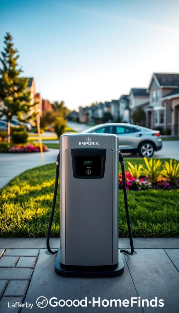 A sleek and modern Emporia 48-amp Level 2 EV charger in the foreground, displayed prominently with its clean lines and vibrant logo. The charger is set against a suburban driveway with a well-maintained electric vehicle parked nearby, showcasing its functionality. In the middle ground, lush green grass and a few colorful flower beds enhance the scene's appeal. In the background, a clear blue sky adds to the serene atmosphere, revealing hints of a tranquil neighborhood. The lighting is warm and natural, mimicking a late afternoon sun, casting soft shadows that create depth. The composition is shot from a slightly low angle, highlighting the charger&rsquo;s design and emphasizing its height. The overall mood is inviting and innovative, perfect for a lifestyle photo. This image is created for GoodHomeFinds.