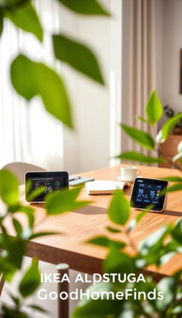 A sleek and modern IKEA ALPSTUGA air quality monitor sits prominently on a stylish wooden desk in a bright, airy room. The monitor features a clear LED display with vibrant colors indicating different air quality levels. In the foreground, lush green plants delicately frame the scene, adding a touch of nature. In the middle ground, the desk is neatly organized with a laptop, a journal, and a cup of coffee, creating an inviting workspace. The background shows a window with sunlight gently filtering through sheer curtains, casting soft natural light across the room. The overall mood is fresh and serene, suggesting a harmonious living environment. This image reflects a mindful approach to health and home comfort, branded as GoodHomeFinds.