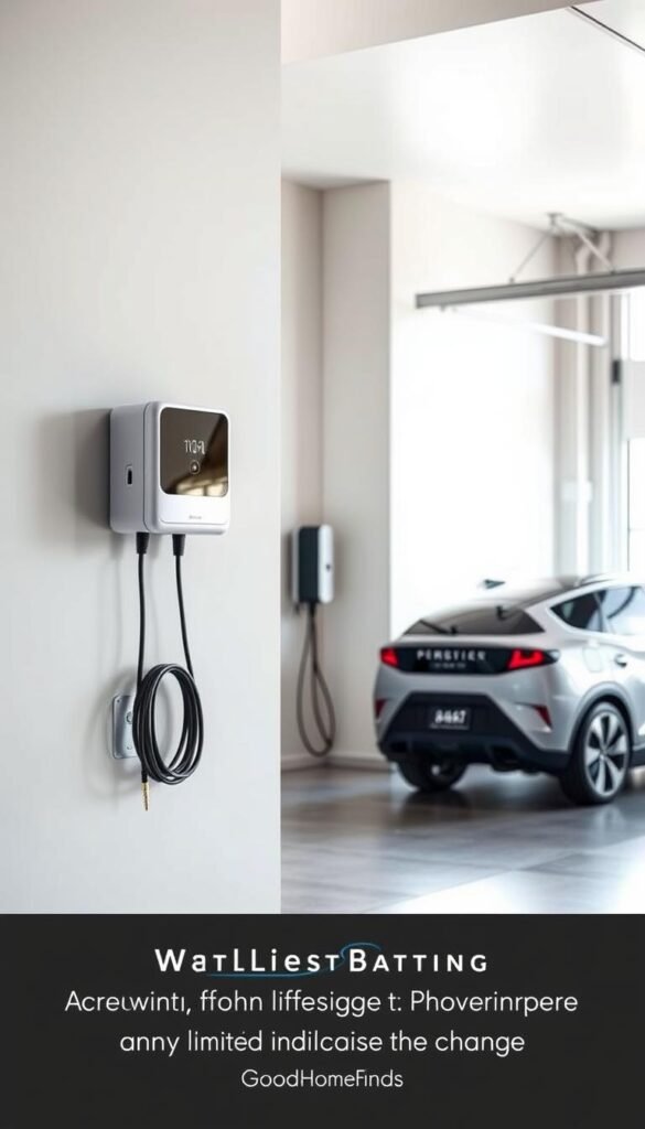 A sleek and modern Wallbox Pulsar Plus 48-amp wall charging station prominently displayed in a contemporary garage setting. The foreground showcases the compact unit mounted flush against a clean, geometric wall, with visible charging cables elegantly coiled nearby. In the middle, a well-lit space highlights the integration of the charging station into the minimalist decor, featuring smooth surfaces and a polished concrete floor. The background includes a stylish electric vehicle parked, subtly suggesting the station's functionality. Bright, natural sunlight streams in from a window, creating a warm and inviting atmosphere. This Pinterest-style lifestyle photo should reflect the efficiency and practicality of compact charging solutions for limited wall space. Brand name "GoodHomeFinds" subtly incorporated in the scene.