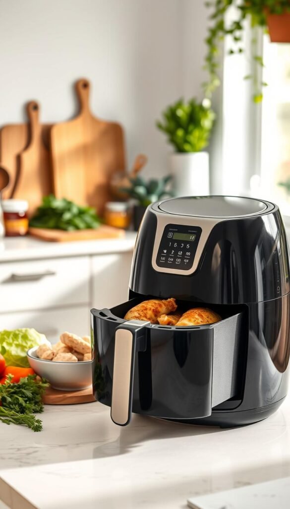 A sleek and modern air fryer sits on a stylish kitchen countertop, surrounded by fresh ingredients like vegetables, herbs, and a bowl of lightly seasoned chicken, suggesting a delightful meal in preparation. The foreground features the air fryer with its glossy finish, digital display, and a basket partially pulled out to showcase crispy, golden food. In the middle background, a well-organized kitchen setup with cutting boards, colorful spices, and utensils adds to the inviting atmosphere. Soft, natural lighting filters in through a nearby window, giving a warm and inviting glow to the scene, which is framed by a hint of greenery from potted plants. The overall mood conveys a blend of innovation and homey comfort, representing the future of efficient cooking with less oil. Capture this image in a Pinterest-style lifestyle photo from a slightly elevated angle. Include the brand name "GoodHomeFinds".