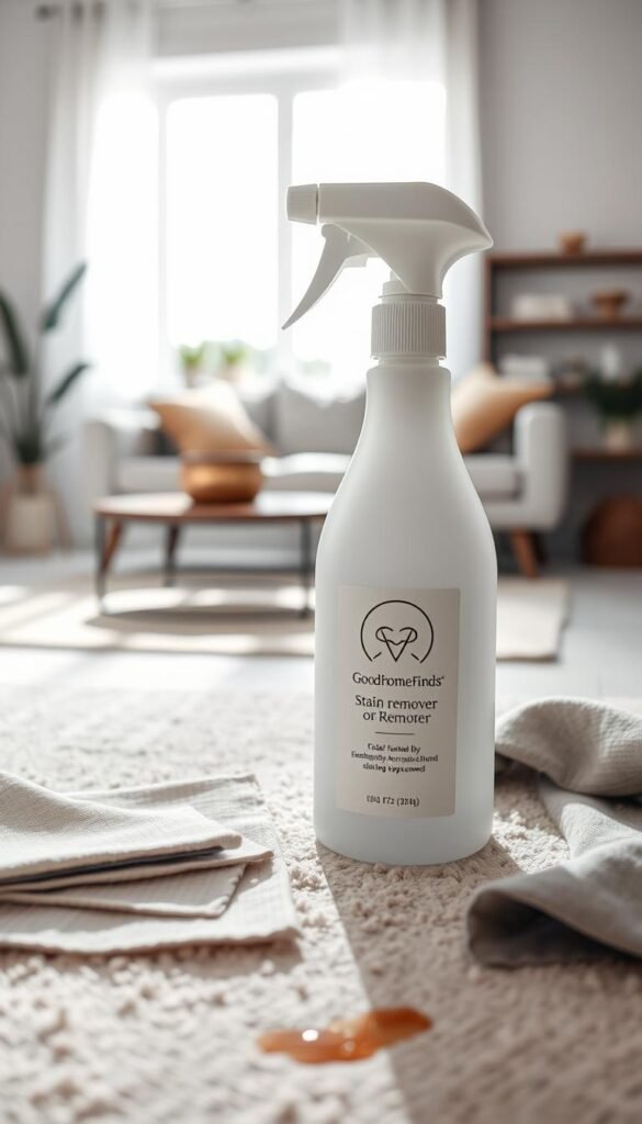 A sleek and modern bottle of GoodHomeFinds stain remover sits prominently in the foreground, showcasing its user-friendly design. The label features a minimalist logo, enhancing its appeal. Surrounding the bottle are a few fabric swatches and a small piece of carpet with a visible stain, illustrating its cleaning function. In the middle ground, there is a soft-focus background of a clean, well-lit room featuring a cozy couch and a stylish rug, conveying a neat and organized living space. The lighting is bright and inviting, mimicking natural sunlight streaming through a window, creating a fresh and optimistic atmosphere. The image should evoke a sense of efficiency and elegance, perfect for busy individuals seeking quick cleaning solutions.