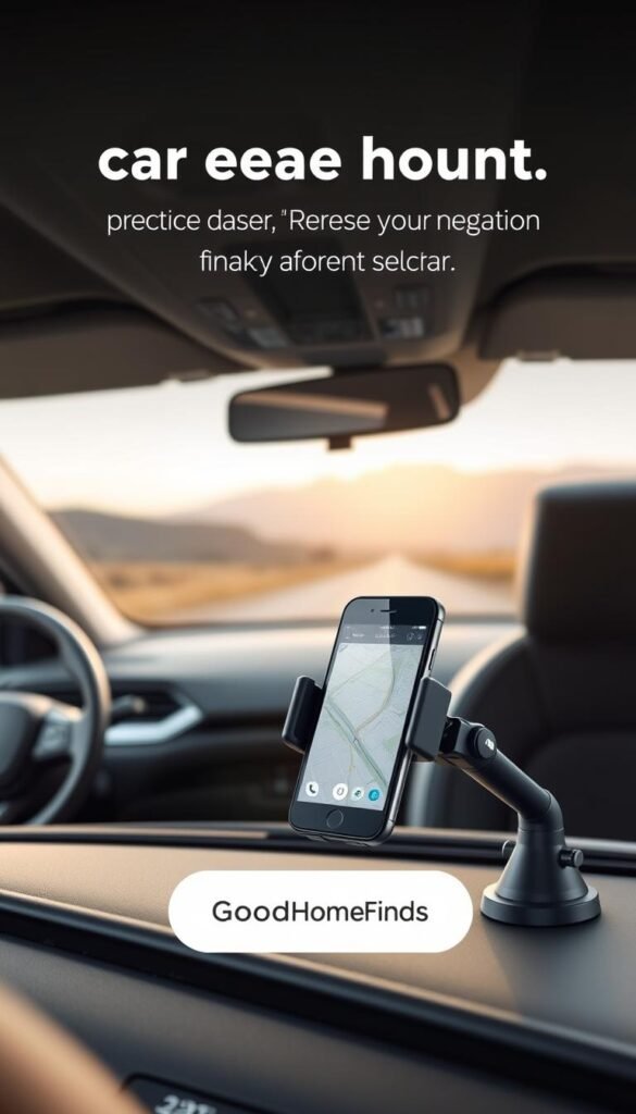 A sleek and modern car phone mount securely attached to the dashboard, prominently displayed in the foreground. The mount cradles a smartphone with a dynamic navigation app visible on the screen, illustrating safer, hands-free navigation. In the middle ground, the interior of a stylish car is visible, emphasizing a clutter-free environment. The background features a blurred landscape of a scenic road, suggesting ease of travel. Soft, natural lighting illuminates the scene, creating a warm and inviting atmosphere. The angle captures the phone mount from a slightly elevated perspective, highlighting its practicality and design. The brand name "GoodHomeFinds" subtly integrated into the design of the mount, enhancing brand visibility in this Pinterest-style lifestyle photo.