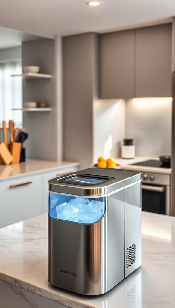 A sleek and modern countertop ice maker from the brand GoodHomeFinds, prominently displayed in a stylish, contemporary kitchen setting. The foreground features the ice maker, showing its shiny stainless steel finish and illuminated water reservoir with ice cubes inside. In the middle background, a marble countertop is accentuated by ambient lighting, highlighting kitchen utensils and a bowl of fresh fruit. Soft natural light filters in from a window, creating a warm and inviting atmosphere. A glimpse of minimalist cabinetry and stylish appliances enhances the overall aesthetic. The lens captures the scene from a slightly elevated angle, emphasizing the ice maker's functionality and elegance in an apartment-sized kitchen, ideal for urban living. The mood is cozy and modern, embodying efficient, stylish kitchen tech.