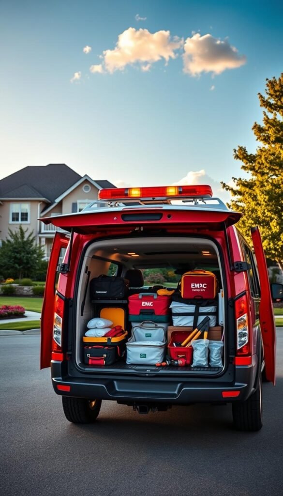 A sleek and modern emergency tools vehicle parked on a suburban street, featuring a bright red and white color scheme with emergency lighting on top. In the foreground, an open trunk reveals neatly organized emergency kits, first-aid supplies, and a portable toolset, highlighting practical items every household should have. The middle ground showcases a well-maintained family home, with a manicured lawn and colorful flowers, creating a welcoming atmosphere. In the background, a clear blue sky with a few fluffy clouds adds to the serenity of the scene. The lighting is warm and inviting, as if captured during golden hour, with a focus on the vehicle to emphasize its utility. The overall mood is one of preparedness and safety, showcasing the essential role of the emergency tools vehicle in both road and home environments. GoodHomeFinds.
