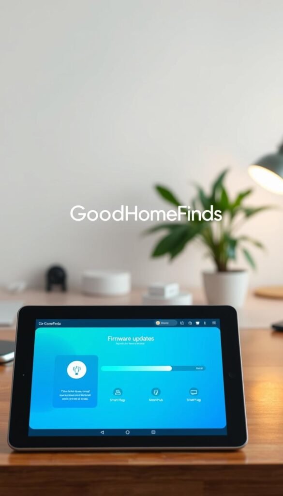 A sleek and modern firmware updates app interface displayed on a high-resolution tablet, set against a clean, minimalist home office background. The foreground features the tablet prominently with a vibrant, user-friendly UI showcasing a progress bar and icons for updates, all in a soothing color palette of blues and greens. In the middle, subtle hints of smart technology can be seen, including smart plugs and hubs, suggesting integration and connectivity. The background is softly blurred, with ambient lighting highlighting a tidy workspace and a potted plant, creating a calming and efficient atmosphere. This lifestyle image embodies the theme of maintenance and reliability, branded with "GoodHomeFinds" subtly in the interface design, providing a sense of innovation and trustworthiness.
