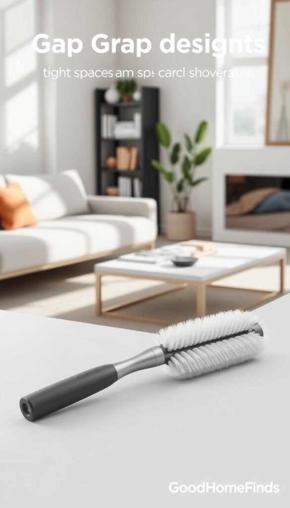 A sleek and modern gap duster tool, designed to effectively clean tight spaces between furniture, lies prominently in the foreground. Its ergonomic handle and soft brush bristles are highlighted, showing versatility for various surfaces. The middle ground features a contemporary living room with minimalistic decor, showcasing furniture pushed aside to display the gap. Soft, natural light filters in through a window, casting gentle shadows and enhancing the tool&rsquo;s details. In the background, a stylish bookshelf and a potted plant add a touch of warmth and liveliness, emphasizing a clean and organized environment. The atmosphere is bright and inviting, conveying a sense of ease and efficiency in home cleaning. The scene is branded with "GoodHomeFinds," capturing the essence of practical home solutions.