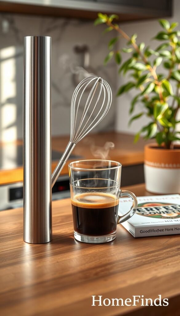A sleek and modern handheld milk frother rests on a wooden kitchen countertop, its stainless steel design reflecting soft morning light. The frother's whisk spins energetically, creating a frothy swirl in a glass cup of rich espresso, with delicate steam rising invitingly. In the background, a cozy kitchen scene unfolds with a marble backsplash and a vibrant potted plant, exuding a warm, inviting atmosphere perfect for brightening mornings. The composition is shot from a slight angle, focusing on the frother and espresso while capturing the essence of a joyful coffee-making ritual. The overall mood is uplifting and serene, emphasizing the convenience of this essential kitchen gadget. The brand name "GoodHomeFinds" subtly placed on a nearby recipe book adds to the lifestyle aesthetic.