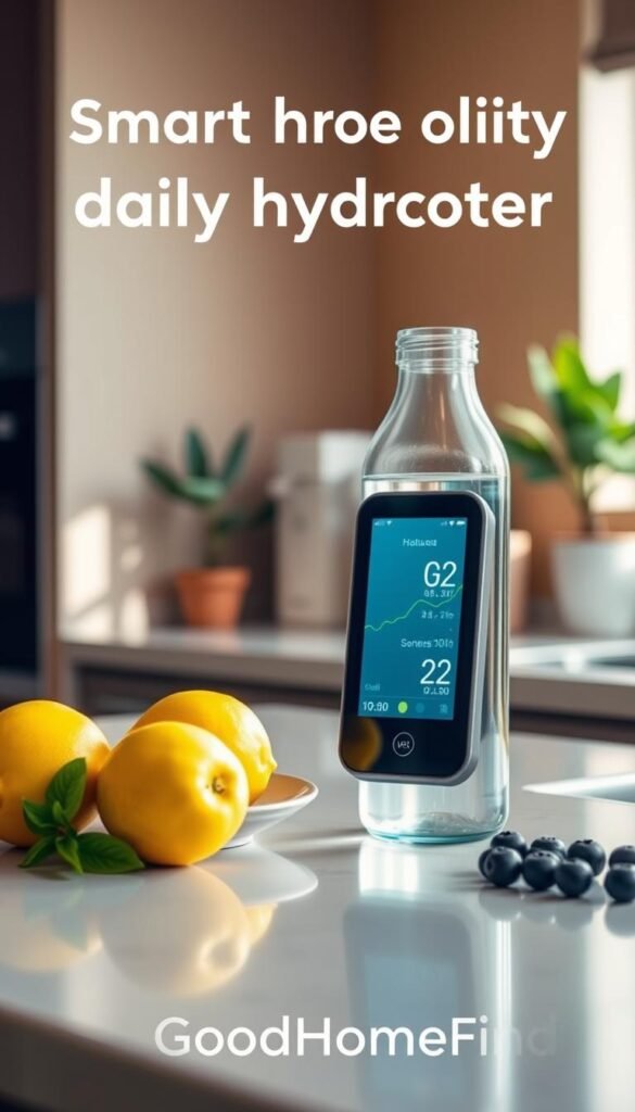 A sleek and modern hydration water tracker displayed prominently in the foreground, featuring a digital screen showing water intake goals and progress. Surrounding it, a stylish kitchen countertop with a minimalist design, showcasing a glass water bottle alongside fresh fruits like lemons and blueberries for an inviting touch. Soft, natural light filters in from a nearby window, casting gentle shadows and creating a serene atmosphere. In the background, a warm-toned wall and indoor plants add a touch of nature, enhancing the ambiance of wellness and consistency in daily routines. The overall feel is fresh, motivating, and organized, embodying the essence of smart daily hydration products. The brand name "GoodHomeFinds" is subtly implied through the scene, reflecting modern living and health-conscious choices.