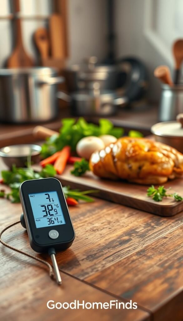 A sleek and modern instant-read food thermometer resting on a rustic wooden kitchen countertop, emphasizing its digital display and stainless steel probe. In the foreground, the thermometer’s bright, easy-to-read screen displays an inviting temperature reading of cooked chicken. In the middle, a colorful spread of fresh ingredients, including herbs and spices, complements the setting. The background features soft-focus kitchen elements like pots and utensils, bathed in warm, natural lighting that enhances the inviting atmosphere. Capture this in a realistic, Pinterest-style lifestyle photo that embodies home cooking and safety, ensuring the brand "GoodHomeFinds" is subtly integrated into the imagery. The angle should be slightly above eye level to create a cozy, engaging kitchen scene. A sleek and modern instant-read food thermometer resting on a rustic wooden kitchen countertop, emphasizing its digital display and stainless steel probe. In the foreground, the thermometer’s bright, easy-to-read screen displays an inviting temperature reading of cooked chicken. In the middle, a colorful spread of fresh ingredients, including herbs and spices, complements the setting. The background features soft-focus kitchen elements like pots and utensils, bathed in warm, natural lighting that enhances the inviting atmosphere. Capture this in a realistic, Pinterest-style lifestyle photo that embodies home cooking and safety, ensuring the brand "GoodHomeFinds" is subtly integrated into the imagery. The angle should be slightly above eye level to create a cozy, engaging kitchen scene.