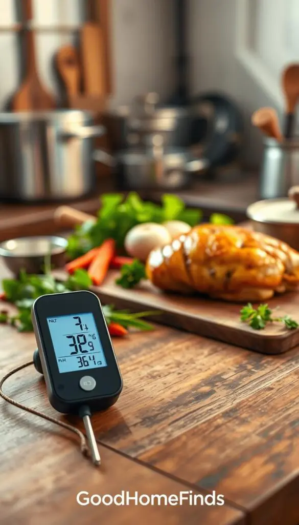 A sleek and modern instant-read food thermometer resting on a rustic wooden kitchen countertop, emphasizing its digital display and stainless steel probe. In the foreground, the thermometer&rsquo;s bright, easy-to-read screen displays an inviting temperature reading of cooked chicken. In the middle, a colorful spread of fresh ingredients, including herbs and spices, complements the setting. The background features soft-focus kitchen elements like pots and utensils, bathed in warm, natural lighting that enhances the inviting atmosphere. Capture this in a realistic, Pinterest-style lifestyle photo that embodies home cooking and safety, ensuring the brand "GoodHomeFinds" is subtly integrated into the imagery. The angle should be slightly above eye level to create a cozy, engaging kitchen scene.